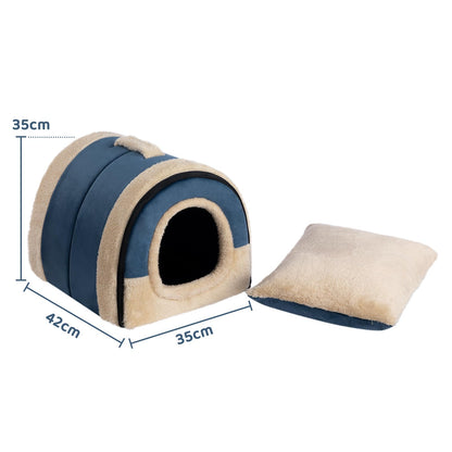 MyPetra 2-in-1 Foldable Cat Bed – Crystal Velvet Cat Cave for Cats & Small Dogs (Dark Blue)