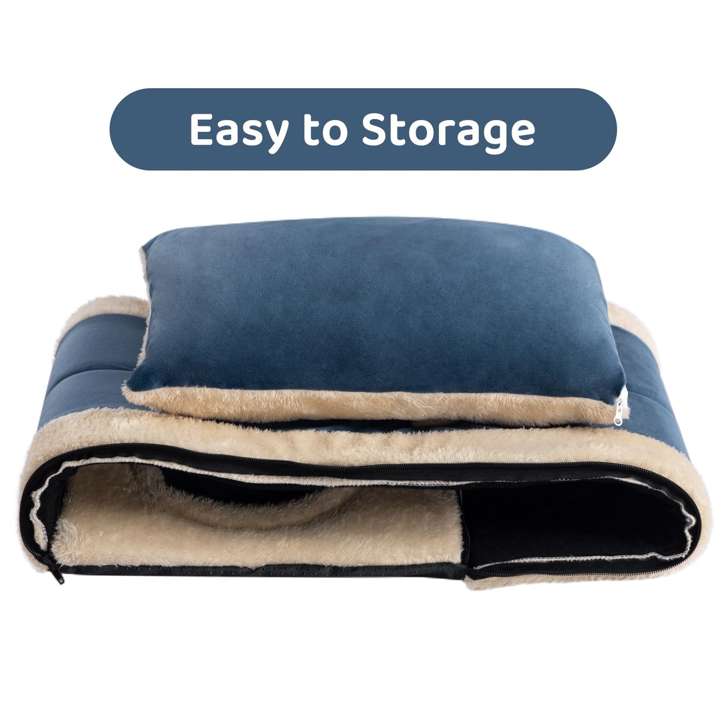 MyPetra 2-in-1 Foldable Cat Bed – Crystal Velvet Cat Cave for Cats & Small Dogs (Dark Blue)