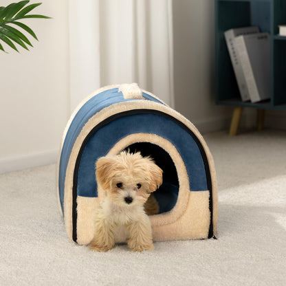 MyPetra 2-in-1 Foldable Cat Bed – Crystal Velvet Cat Cave for Cats & Small Dogs (Dark Blue)