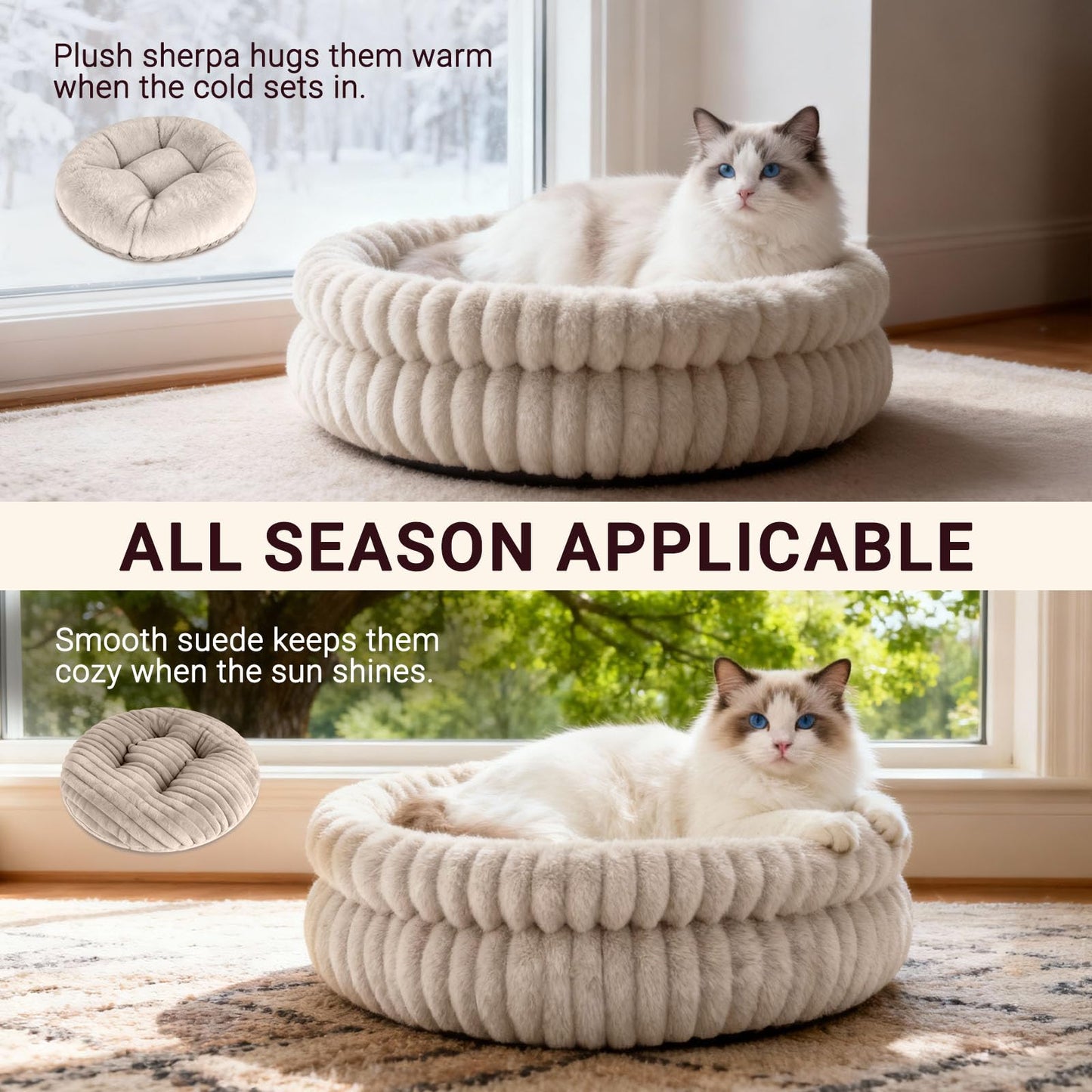 MyPetra Round Calming Cat Bed 51cm – Washable Fluffy Pet Bed with Non-Slip Base & Cushion