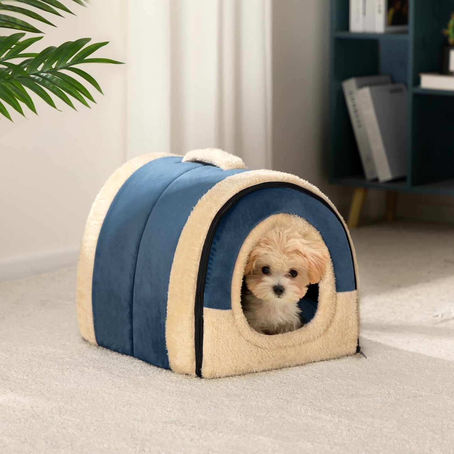 MyPetra 2-in-1 Foldable Cat Bed – Crystal Velvet Cat Cave for Cats & Small Dogs (Dark Blue)