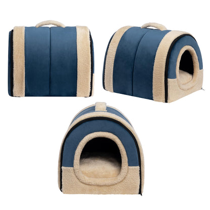 MyPetra 2-in-1 Foldable Cat Bed – Crystal Velvet Cat Cave for Cats & Small Dogs (Dark Blue)