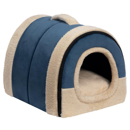 MyPetra 2-in-1 Foldable Cat Bed – Crystal Velvet Cat Cave for Cats & Small Dogs (Dark Blue)