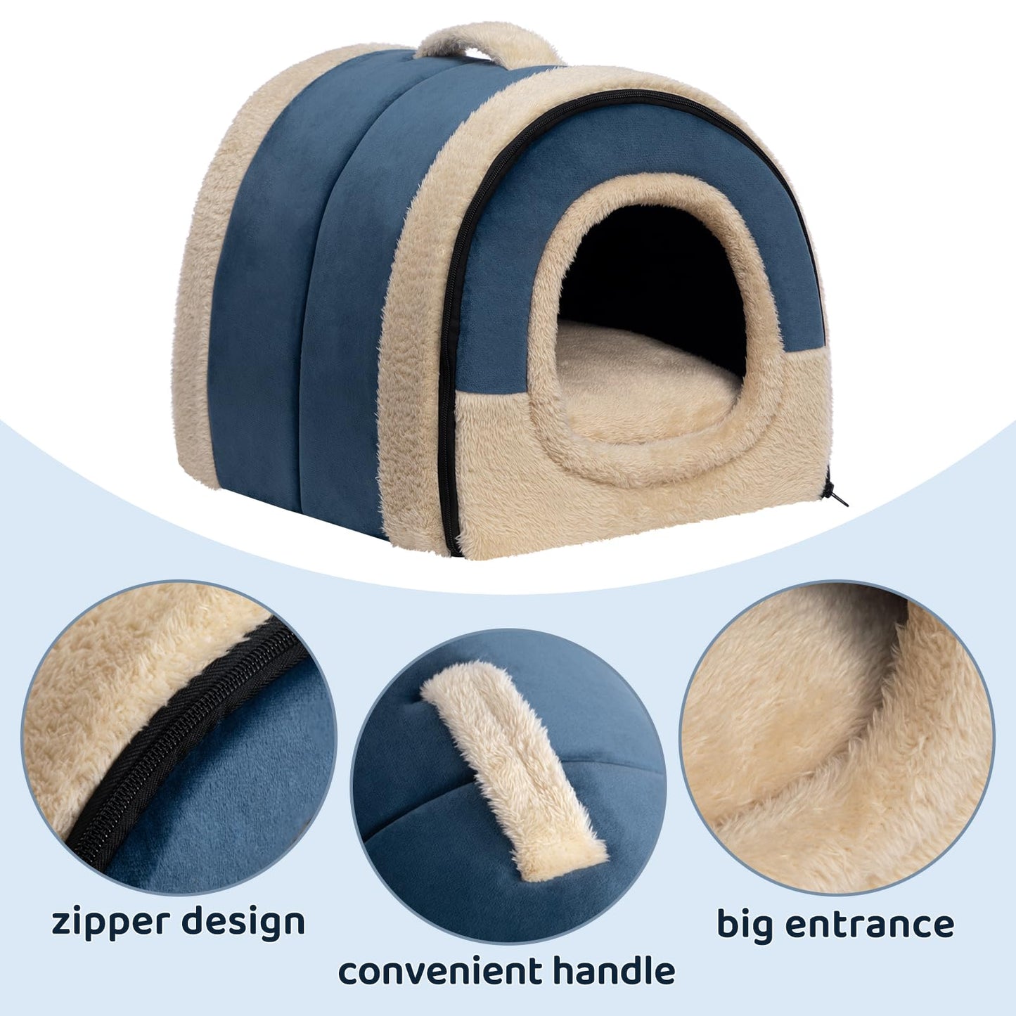 MyPetra 2-in-1 Foldable Cat Bed – Crystal Velvet Cat Cave for Cats & Small Dogs (Dark Blue)