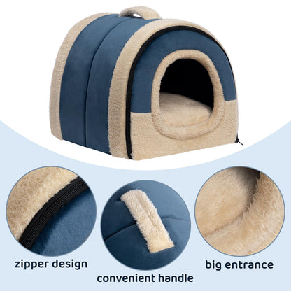 MyPetra 2-in-1 Foldable Cat Bed – Crystal Velvet Cat Cave for Cats & Small Dogs (Dark Blue)