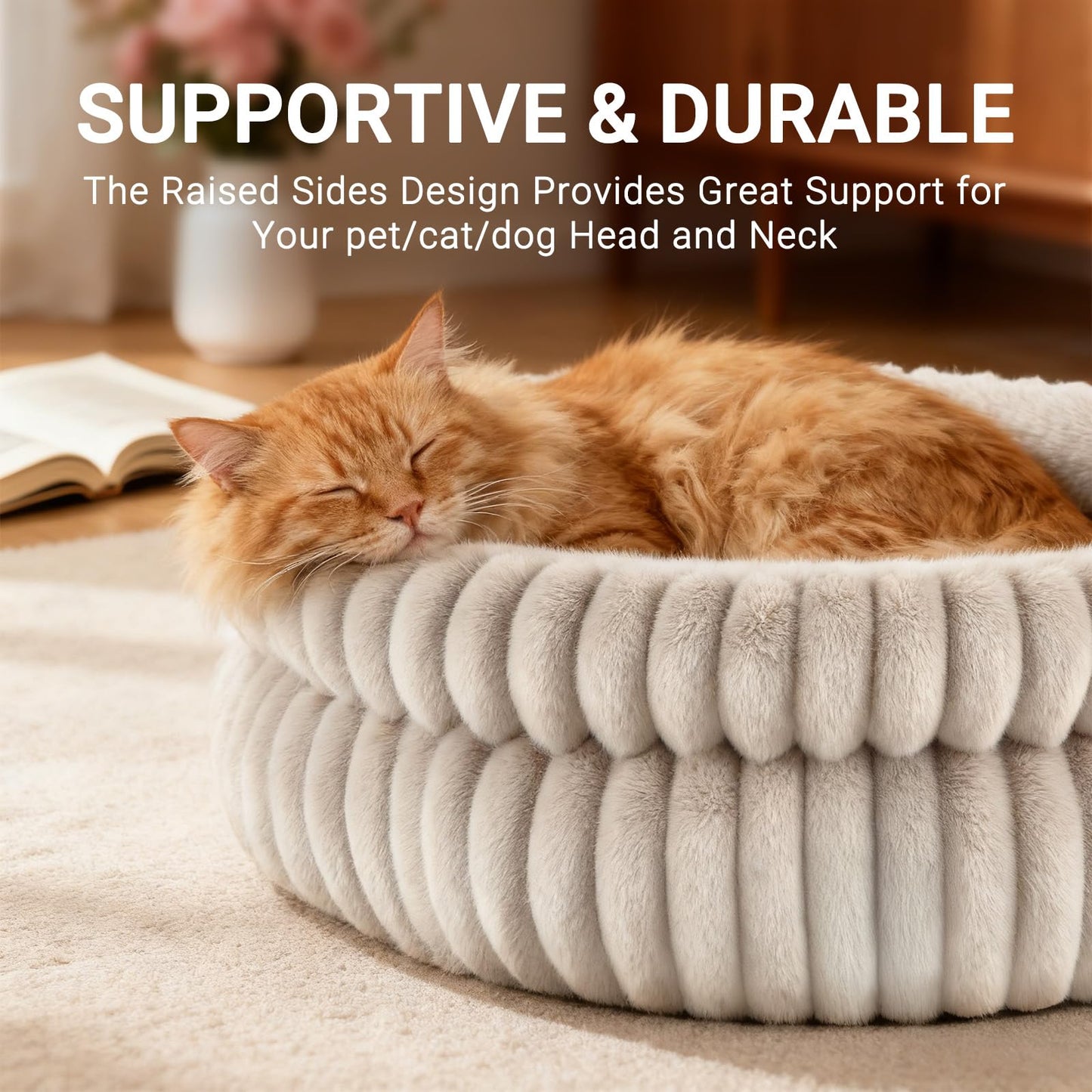 MyPetra Round Calming Cat Bed 51cm – Washable Fluffy Pet Bed with Non-Slip Base & Cushion