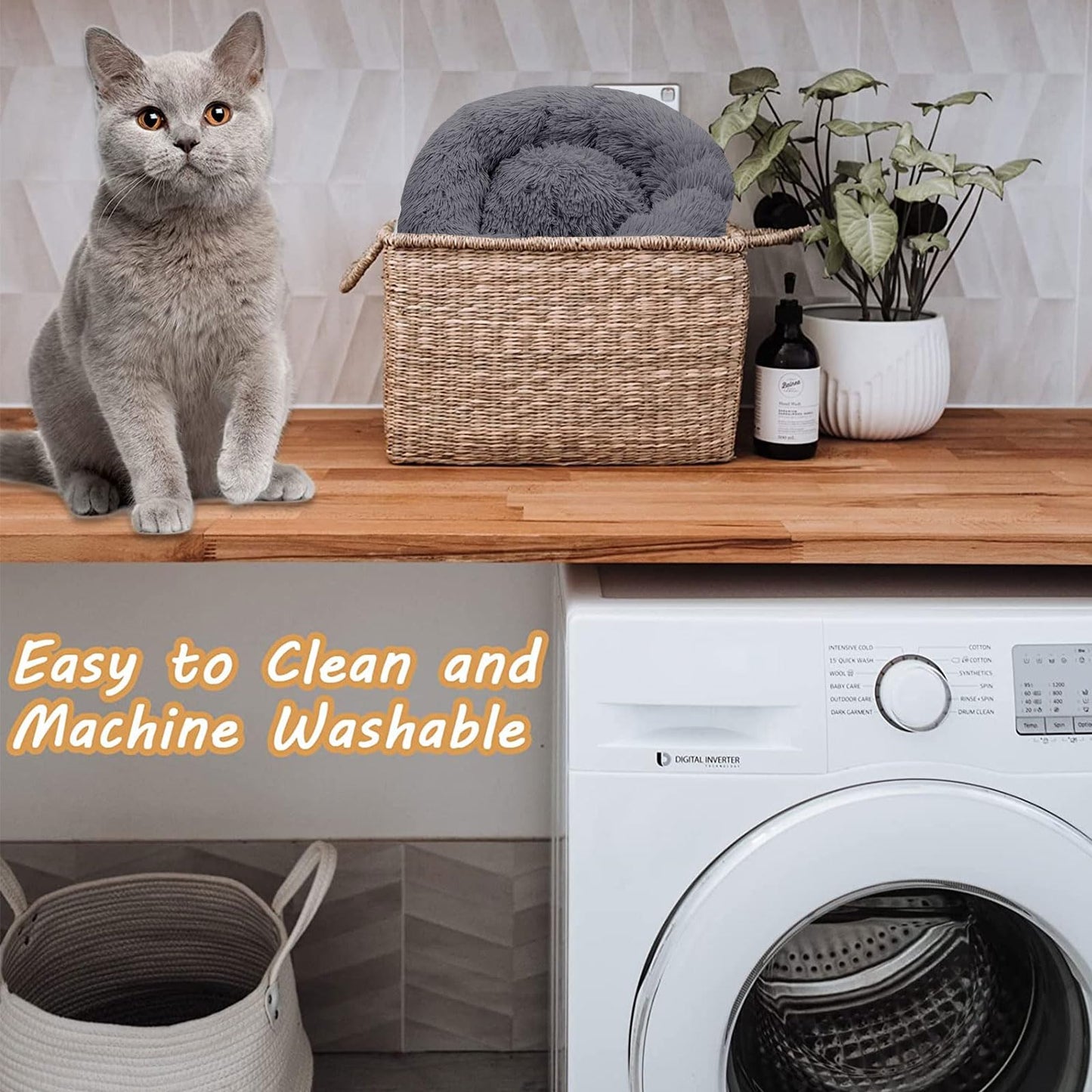 MyPetra Calming Donut Cat Bed 50cm – Washable Plush Anti-Anxiety Pet Bed with Non-Slip Base